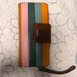 Fossil Women's Striped Leather Wallet - Pink, Green, Yellow, Brown